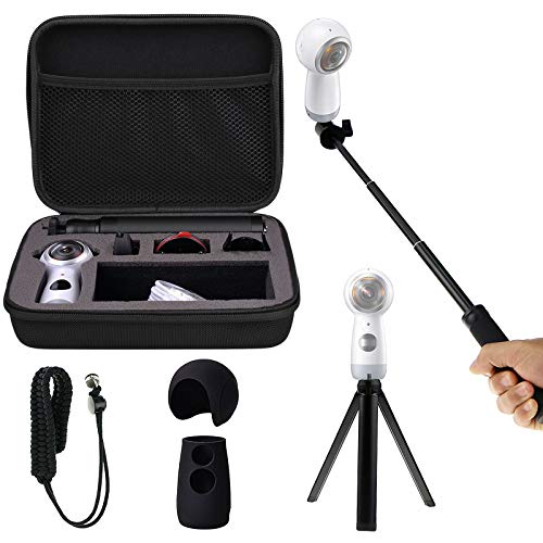 Product Cover Shockproof Protective Carrying Case, Selfie Stick Monopod, Mini Tripod Stand, Soft Silicone Skin, Wrist Strap for Samsung Gear 360 2017, EEEKit All in One Accessory Kit (All in 1 Kit for 2017 Edition)