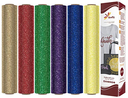 Product Cover Firefly Craft Glitter Heat Transfer Vinyl Bundle | Rainbow Glitter HTV Vinyl Bundle | Glitter Iron On Vinyl for Cricut and Silhouette | Pack of 6 Rolls - 12