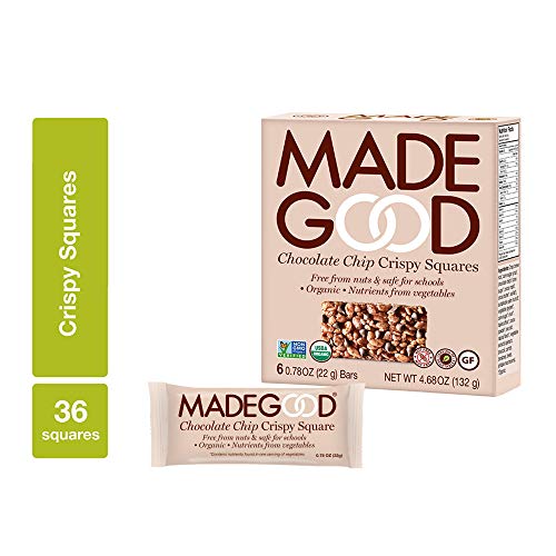 Product Cover MadeGood Chocolate Chip Crispy Squares, 6 Pack (36 ct); Crispy Rice with Decadent Chocolate Chips; School-Safe, Organic, Vegan Snack; Contain Nutrients of a Serving of Vegetables
