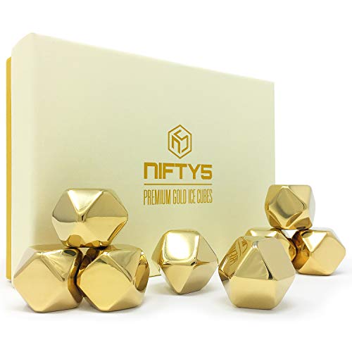 Product Cover Whiskey Stones Gold Edition Gift Set of 8 Stainless Steel Diamond Shaped Ice Cubes, Reusable Chilling Rocks including Silicone Tip Tongs and Storage Tray by NIFTY5