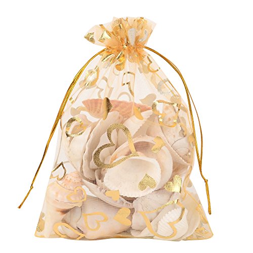 Product Cover PH PandaHall 100pcs 5x7 Inches Heart Printed Goldenrod Organza Bags Jewelry Pouch Bags Organza Drawstring Pouches Wedding Favors Candy Gift Bags