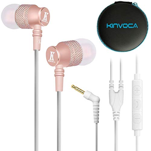 Product Cover KINVOCA Wired Metal In Ear Earbuds Headphones with Microphone Volume and Case, Bass Stereo Noise Isolating Inear Earphones Ear Buds for Cell Phones, Aluminum Alloy, Carabiner, 3.5mm Jack, Rose Gold