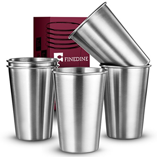 Product Cover FineDine Premium Grade Stainless Steel Pint Cups Water Tumblers (5 Piece) Unbreakable, Stackable, Brushed Metal Drinking Glasses, Chilling Beer Glasses, for Travel, Outdoor, Camping, Everyday, 16 Oz