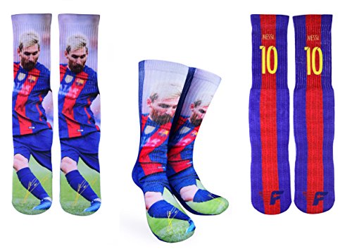 Product Cover Forever Fanatics Barcelona Messi #10 Soccer Crew Socks ✓ Lionel Messi Autographed ✓ One Size Fits All Sizes 6-13 ✓ Made In USA ✓ Ultimate Soccer Fan Gift (Size 6-13, Messi #10)