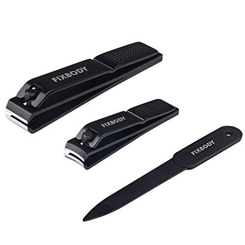 Product Cover FIXBODY Nail Clipper Set - Black Stainless Steel Fingernails & Toenails Clippers & Nail File Sharp Nail Cutter with Leather Case, Set of 3 (Straight & Curved)