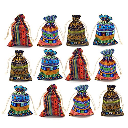 Product Cover 12pc Egyptian Style Jewelry Coin Pouches Aztec Print Drawstring Gift Bag Party Accessories Brocade Cotton Sachet Candy Present Pouch Travel Purse Ethnic (Egypt 12)