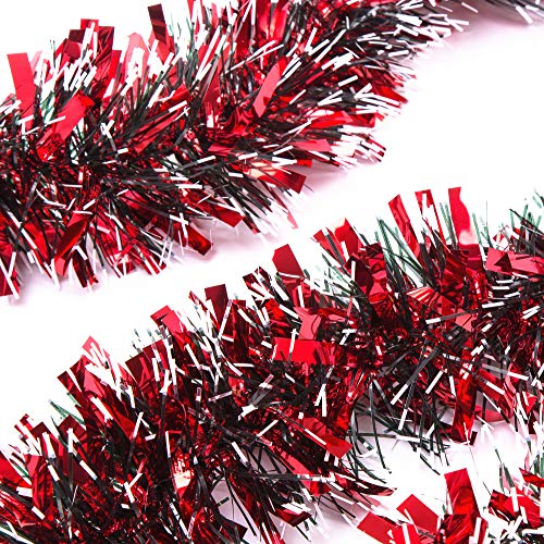 Product Cover iPEGTOP 3Pcs x 6.6ft Christmas Tinsel Garland, Classic Thick Shiny Sparkly Christmas Tree Ornaments Party Ceiling Hanging Decorations, 3.5 inch Wide Ink White Filaments - Red