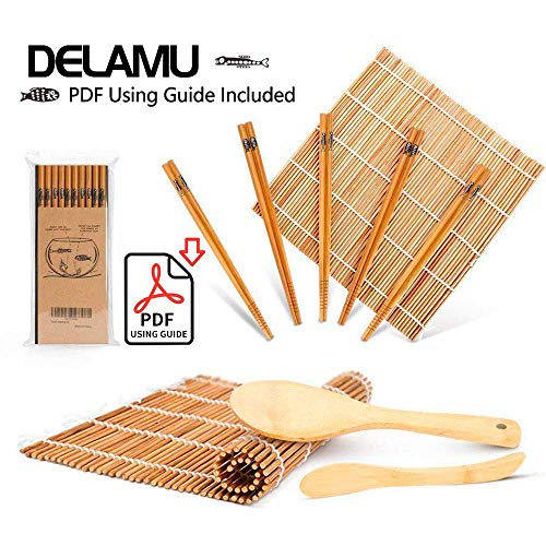 Product Cover Sushi Making Kit, Bamboo Sushi Mat, Including 2 Sushi Rolling Mats, 5 Pairs of Chopsticks, 1 Paddle, 1 Spreader, 1 Beginner Guide PDF, Roll On, Beginner Sushi Kit