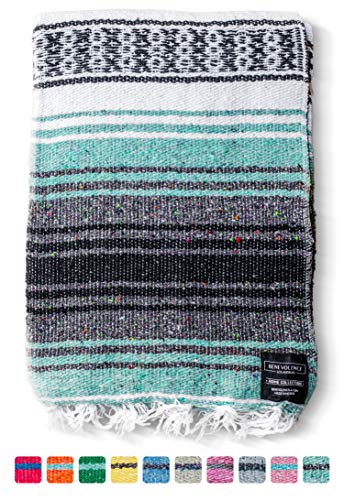 Product Cover Mexican Blanket Falsa Blanket | Authentic Hand Woven Blanket, Serape, Yoga Blanket | Perfect Beach Blanket, Navajo Blanket, Camping Blanket, Picnic Blanket, Saddle Blanket, Car Blanket (Mint)