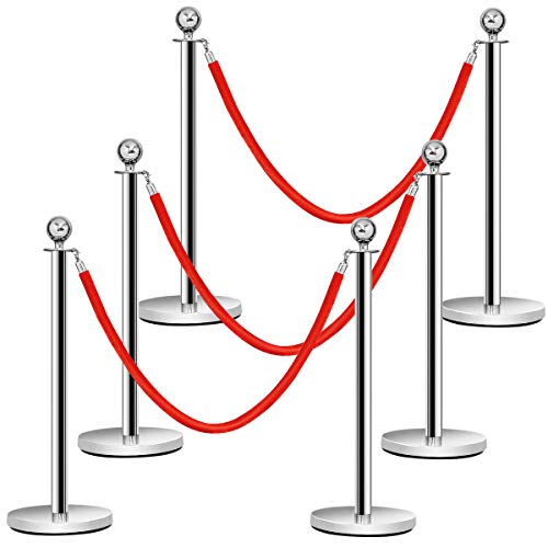 Product Cover Goplus 6Pcs Stanchion Set, Round Top Polished Stainless Stanchions Posts Queue Pole with 5Ft Red Velvet Rope, Crowd Control Barrier