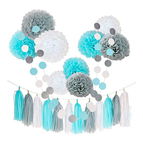 Product Cover Baby Boy Party Decorations-Tissue Pom Poms Blue White Grey, Tassel Garland, Circle Garland 23pcs for Baby Shower Decorations 1st Birthday Boys Kids Men Adults Party Favor Supplies Decor Kit Set