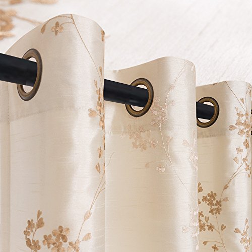 Product Cover jinchan Faux Silk Floral Embroidered Grommet Top Curtains for Bedroom 63 inches Long Embroidery Curtain for Living Room, 2 Panels, Ivory