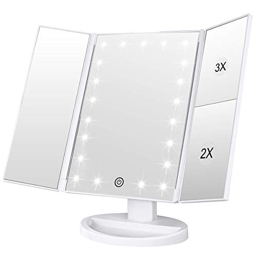 Product Cover Lighted Makeup Mirror, Tri-fold Vanity Mirror with 3X/2X/1X Magnification,21 Natural LED Nights and Touch Screen, Batteries and USB Power Supply Adjustable Tabletop Cosmetic Mirror (White)