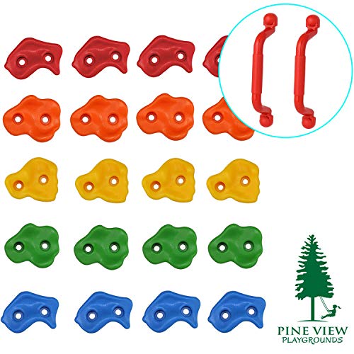 Product Cover Pine View Playgrounds Kids Premium Rock Climbing Holds with Safety Handles | Extended 2 Inch Mounting Hardware for Childrens Playground Rock Wall | Playset Installation Guide Included