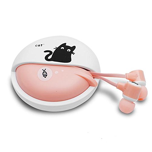 Product Cover QearFun Stereo 3.5mm In Ear Cat Earphones Earbuds with Microphone With Earphone Storage Case For iPhone Samsung MP3 iPod PC Music (Pink)