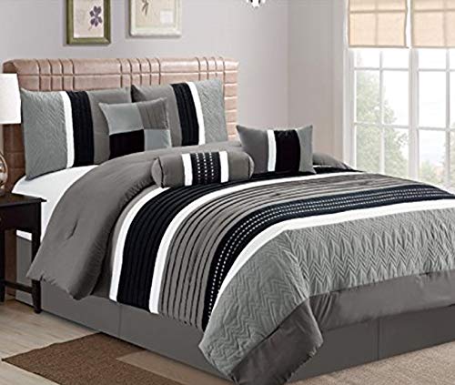 Product Cover JBFF 7 Piece Collection Bed in Bag Luxury Stripe Microfiber Comforter Set, Queen, Grey
