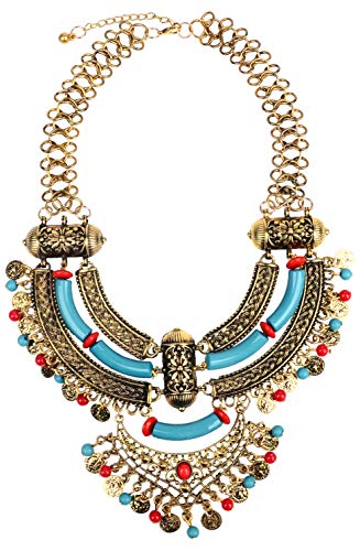 Product Cover Paxuan Womens Antique Silver/Gold Alloy Vintage Boho Bohemia Turquoise Necklace Ethnic Tribal Beaded Coin Choker Necklace Chunky Statement Necklace (Antique Gold)