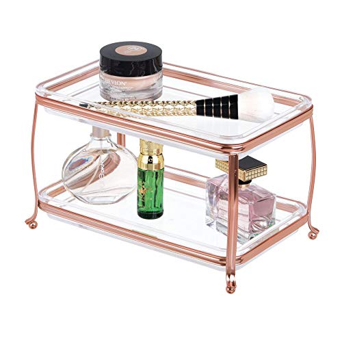 Product Cover mDesign Decorative Makeup Storage Organizer Vanity Tray for Bathroom Counter Tops, 2 Levels to Hold Makeup Brushes, Eyeshadow Palettes, Lipstick, Perfume and Jewelry - Rose Gold/Clear