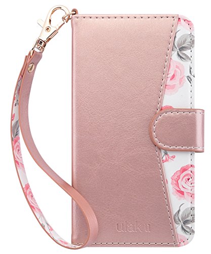Product Cover ULAK Flip Wallet Case for iPhone 6S & 6 with Kickstand Card Holder ID Slot and Hand Strap Shockproof Cover for Women for Apple iPhone 6s/6 4.7, Rose Gold Floral