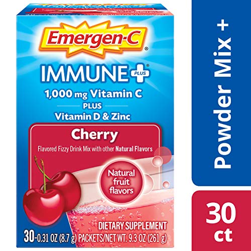 Product Cover Emergen-C Immune+ Vitamin C 1000mg Powder, Plus Vitamin D And Zinc (30 Count, Cherry Flavor, 1 Month Supply), Immune Support Dietary Supplement Fizzy Drink Mix, Antioxidants & Electrolytes