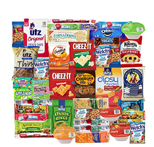 Product Cover Blue Ribbon Care Package 45 Count Ultimate Sampler Mixed Bars, Cookies, Chips, Candy Snacks Box for Office, Meetings, Schools,Friends & Family, Military,College, Halloween, Fun Variety Pack