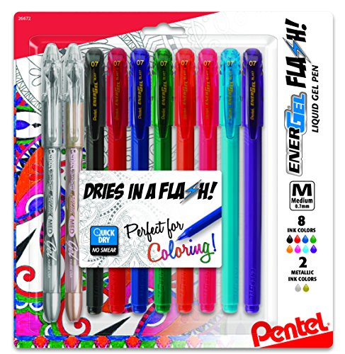 Product Cover Pentel EnerGel FLASH! Liquid Gel Stick Pen, (0.7mm) Medium Line, Metal Tip, Assorted Ink + 2 Sunburst Metallic, 8-Pk (BL417DBP10M)