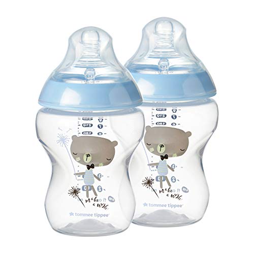 Product Cover Tommee Tippee Closer to Nature Baby Bottle Decorated Blue, Anti-Colic Valve, Breast-Like Nipple for Natural Latch, Slow Flow, BPA-Free - 0+ Months, 9 Ounce, 2 Count (Design May Vary)