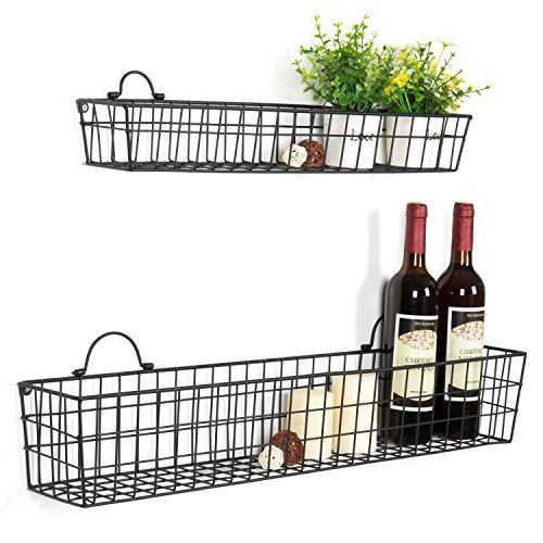 Product Cover MyGift Country Rustic Wall-Mounted Openwork Black Metal Mesh Storage Baskets Display Racks, Set of 2