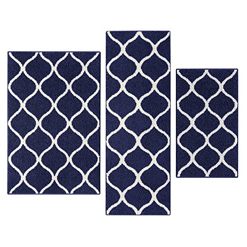 Product Cover Maples Rugs Kitchen Rug Set - Rebecca [3pc Set] Non Kid Accent Throw Rugs Runner [Made in USA] for Entryway and Bedroom, Navy Blue/White
