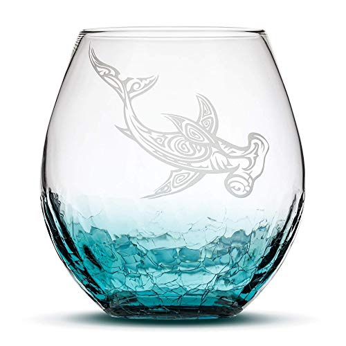 Product Cover Integrity Bottles Crackle Teal Stemless Wine Glass, Tribal Hammerhead Shark, Hand Etched Design