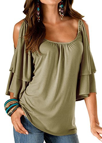 Product Cover Merryfun Women's Summer Cold Shoulder Ruffle Sleeve Loose Stretch Tops Tunic Blouse Shirt
