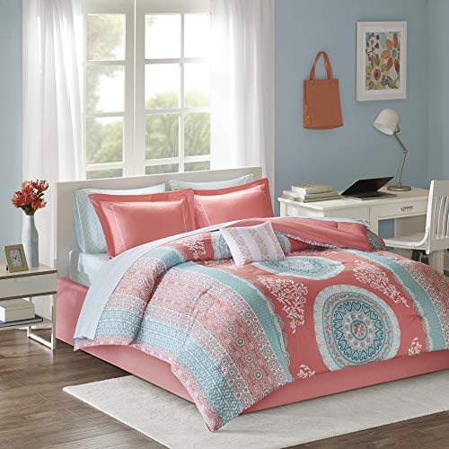 Product Cover Intelligent Design Loretta Comforter Set Twin Size Bed in A Bag - Coral, Aqua, Bohemian Chic Medallion - 7 Piece Bed Sets - Ultra Soft Microfiber Teen Bedding for Girls Bedroom