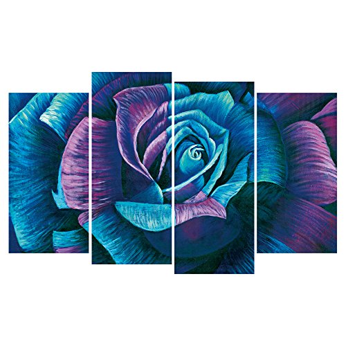 Product Cover GEVES 4 Panels Teal Purple Rose Wall Art Paintings Giclee Art Prints Canvas Painting for Living Room Home Decor Elegant Pictures Framed Ready to Hang