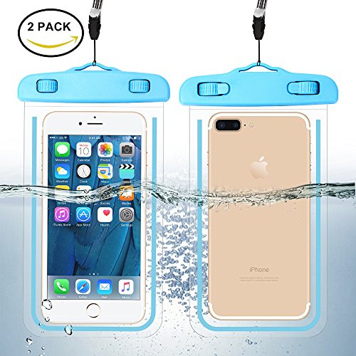 Product Cover [2 Pack] Waterproof Phone Case, Universal Durable Luminous Noctilucent Underwater Case Cover Dry Bag Pouch up to 6 Inches with Neck Strap for Smartphone(Blue)