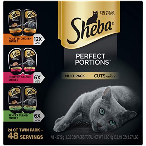 Product Cover SHEBA PERFECT PORTIONS Wet Cat Food Cuts in Gravy Roasted Chicken, Gourmet Salmon, Tender Turkey Entrées Variety Pack, (24) 2.6 oz. Twin-Pack Trays