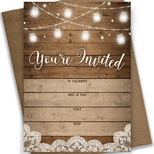 Product Cover Rustic Fill-in Party Invitations, 25 Invites and Envelopes, Bridal Shower, Baby Shower, Rehearsal Dinner, Birthday Party, and Anniversary Parties