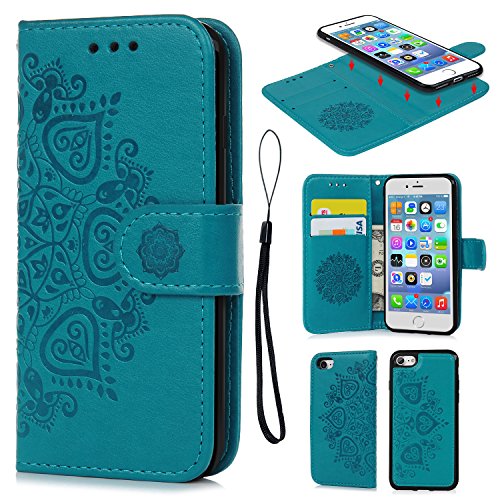 Product Cover iPhone 7 Case, iPhone 8 Wallet Case Embossed Mandala Florals PU Leather TPU Shock Bumper Detachable Magnetic Case Slot Wallet Wrist Strap Folio Cover for iPhone 7 & iPhone 8 Blue