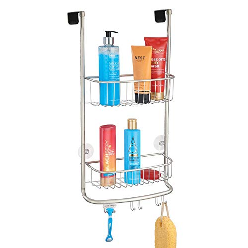 Product Cover mDesign Modern Metal Bathroom Tub and Shower Caddy, Over Door Hanging Storage Organizer Center with 6 Built-in Hooks and 2 Baskets for Bathroom Shower Stalls, Bathtubs - Satin