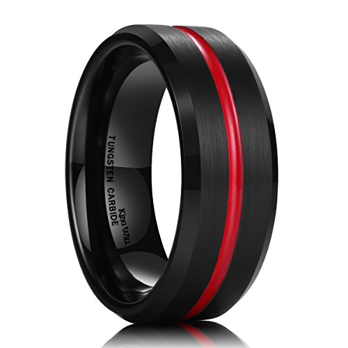 Product Cover King Will Thin Red Groove Black Brushed Tungsten Carbide Ring Wedding/Tungsten Silicone Set Band