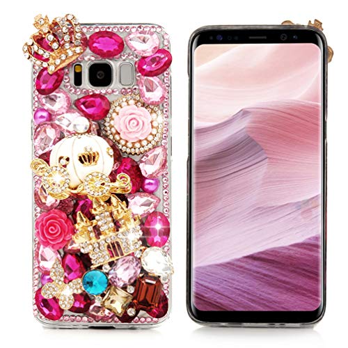 Product Cover Mavis's Diary Compatible Samsung Galaxy S8 Case, 3D Handmade Bling Diamonds Gold Crown Castle White Pumpkin Car Shiny Sparkle Rhinestone Gems Crystal Clear Full Body Protection Hard PC Cover