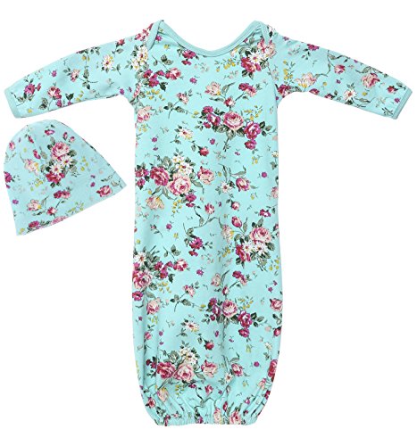 Product Cover Posh Peanut Newborn Baby Gowns Set for Girls - Cute Little Sleeper with Beanie - Makes a Great Swaddle Sleep Sack - Aqua Floral