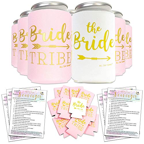 Product Cover Bachelorette Party Decorations Bride to Be Favors Can Cooler Sleeves 11pcs + Bonus Fun Photo Game | Bridal Shower Gifts, Bride Tribe, Wedding, Props, Supplies |10 Mint Green/Pink & 1 White
