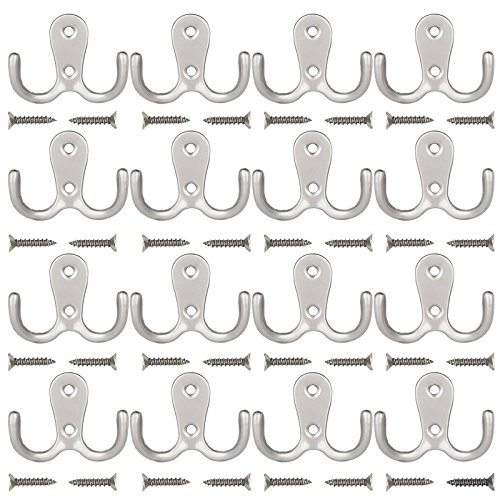 Product Cover Maosifang 16 Pieces Double Prong Robe Hook Retro Cloth Hanger with 32 Pieces Screws in Matte Nickel,Silver