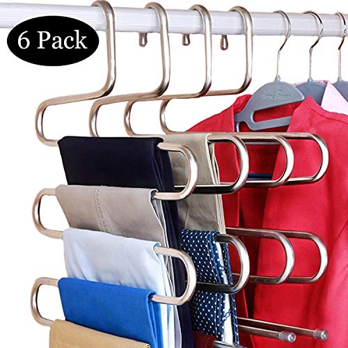 Product Cover DOIOWN 6 Pack Pants Hangers S-Shape Stainless Steel Clothes Hangers Space Saving Hangers Closet Organizer for Pants Jeans Scarf(5 Layers,6Pcs) (6-Pieces)