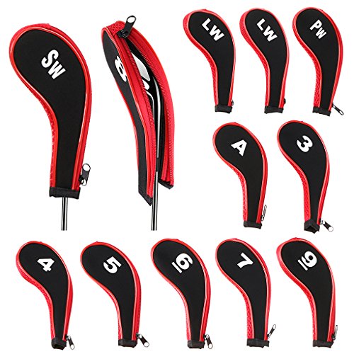 Product Cover Hipiwe Number Print Golf Club Iron Covers Durable Neoprene Zippered Head Covers with Long Neck - Set of 12 (Black + Red)
