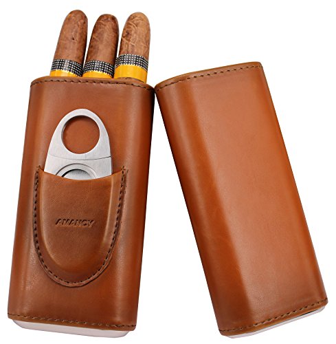 Product Cover AMANCY Top Quality 3- Finger Brown Leather Cigar Case, Cedar Wood Lined Cigar Humidor with Silver Stainless Steel Cutter