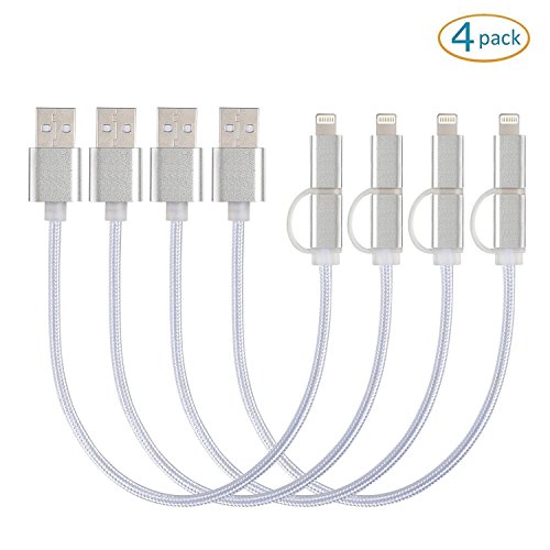 Product Cover Ereach 2-in-1 Lightning and Micro USB Cable, Durable Sync Data/Nylon Braided Fast Charging Cable Cord for iPhone 7 Plus/7/6S Plus/6S/5S, iPad/iPod, Samsung and More - Sliver - 4 Piece