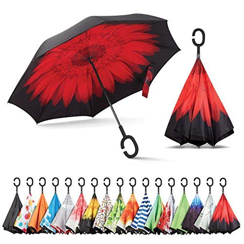 Product Cover Sharpty Inverted Umbrella, Umbrella Windproof, Reverse Umbrella, Umbrellas for Women with UV Protection, Upside Down Umbrella with C-Shaped Handle (Red Flower)