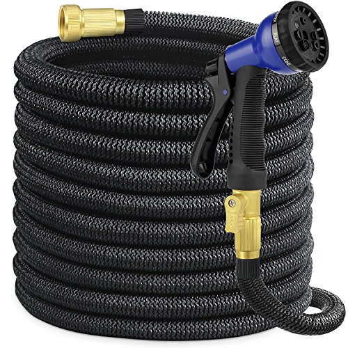 Product Cover SHINE HAI Garden Hose 50' Expanding Water Hose with All Brass Connectors. 8 Pattern Spray Nozzle and High Pressure, Kink-Free, 5,000 Denier Woven Casing