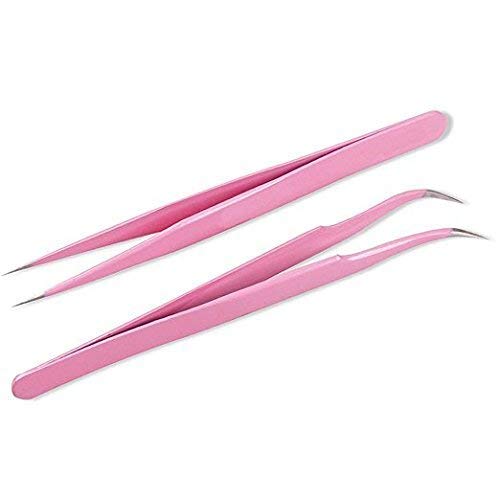 Product Cover Onwon 2 Pcs Pink Stainless Steel Tweezers for Eyelash Extensions, Straight and Curved Tip Tweezers Nippers, False Lash Application Tools